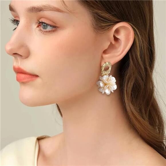 Big Gold Flower Dangle Earrings | 14K Gold Plated Geometric Petal Cluster Drops - Picture 3 of 6